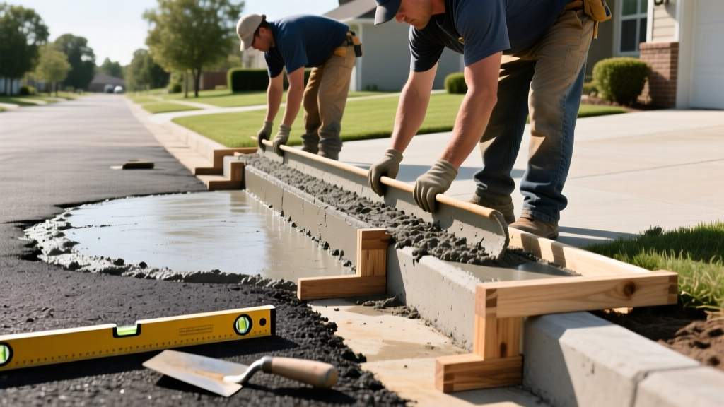 Landscaping crew installing a cast-in-place concrete curb along a freshly paved asphalt driveway using wooden forms and a screed board