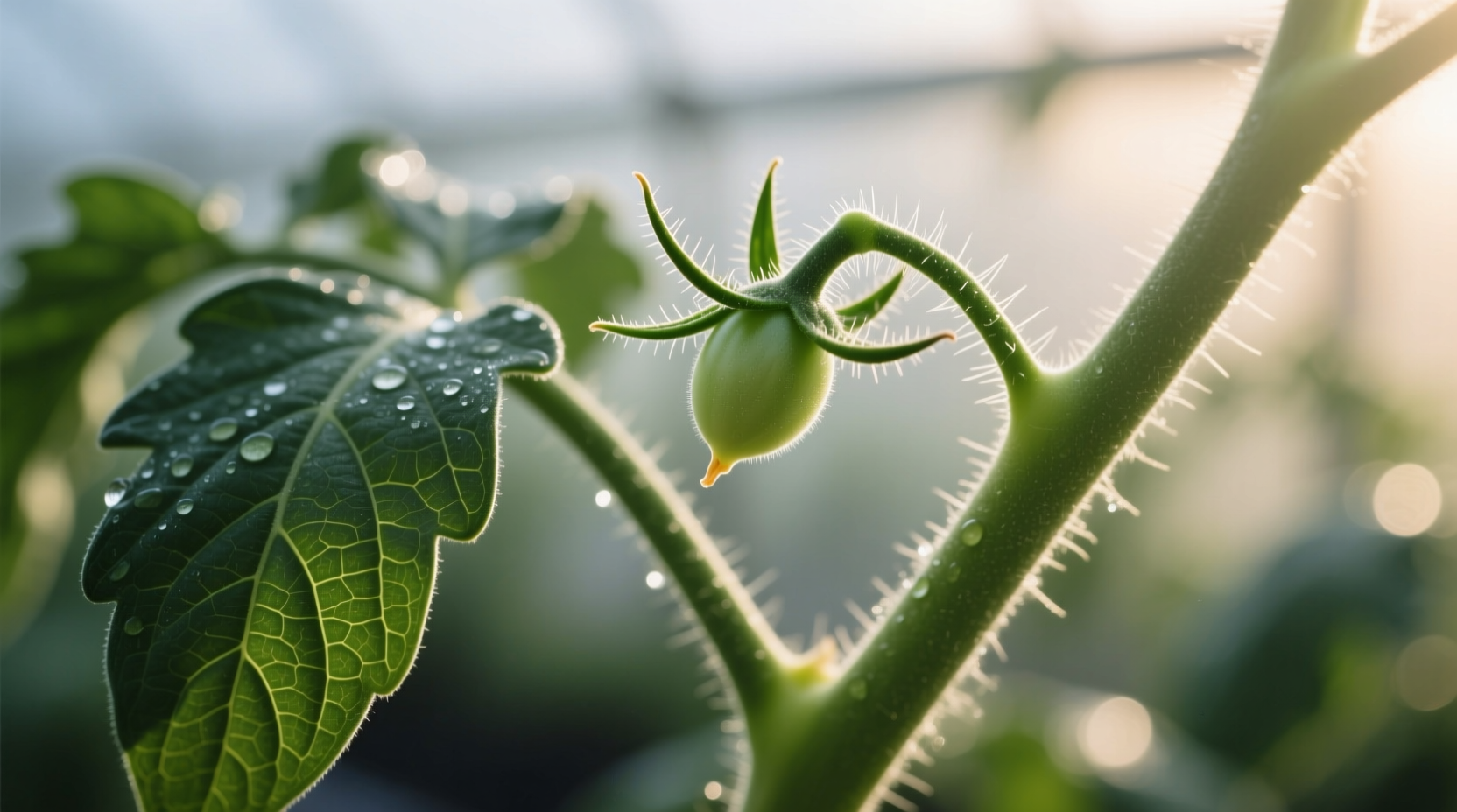 Close-up of tomato plant sucker growing in leaf axil