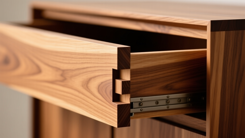 Close-up of hand-cut dovetail joinery on a solid oak armoire drawer, highlighting the tight wood grain and craftsmanship.