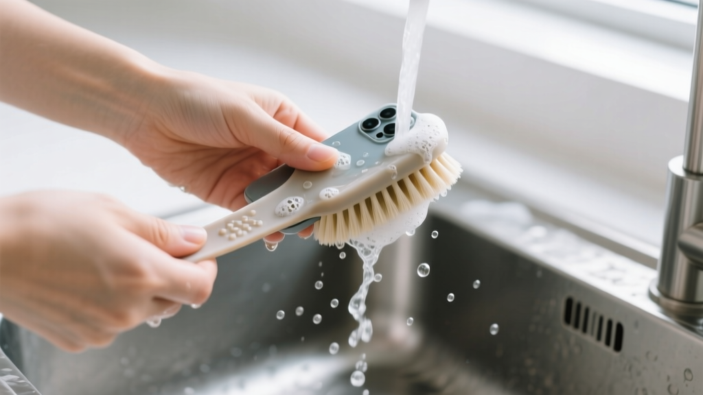 Hands using a soft-bristled brush and mild soapy water to gently scrub a dirty silicone phone lanyard strap over a steel sink.