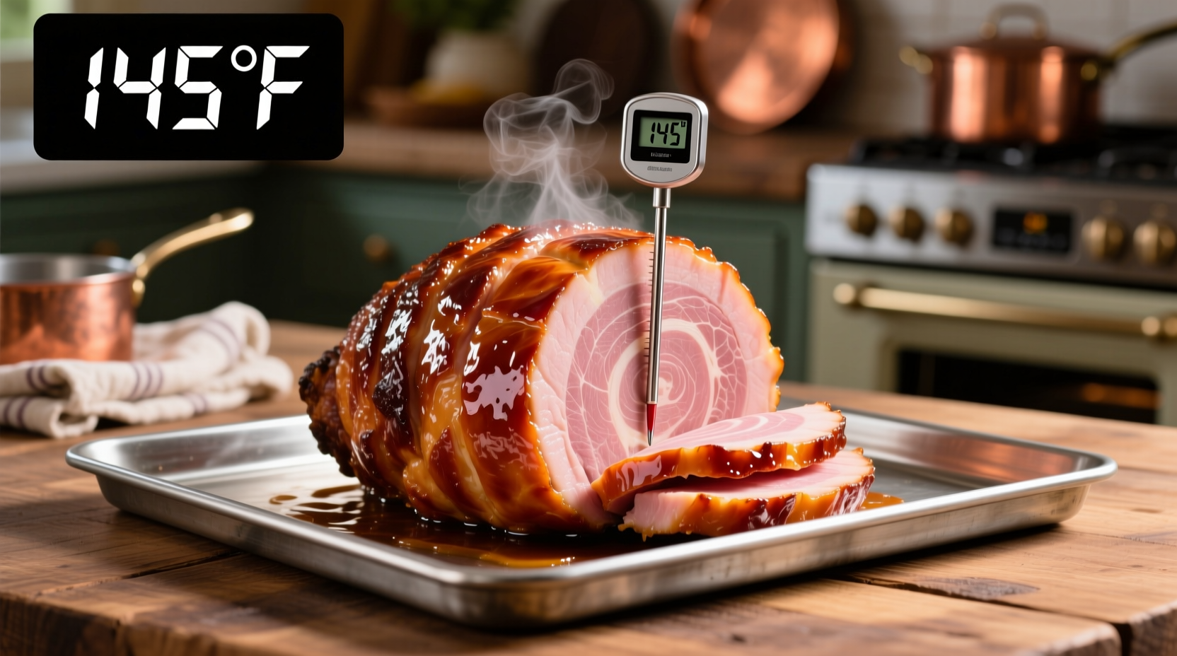 Perfectly glazed spiral ham on baking pan with thermometer