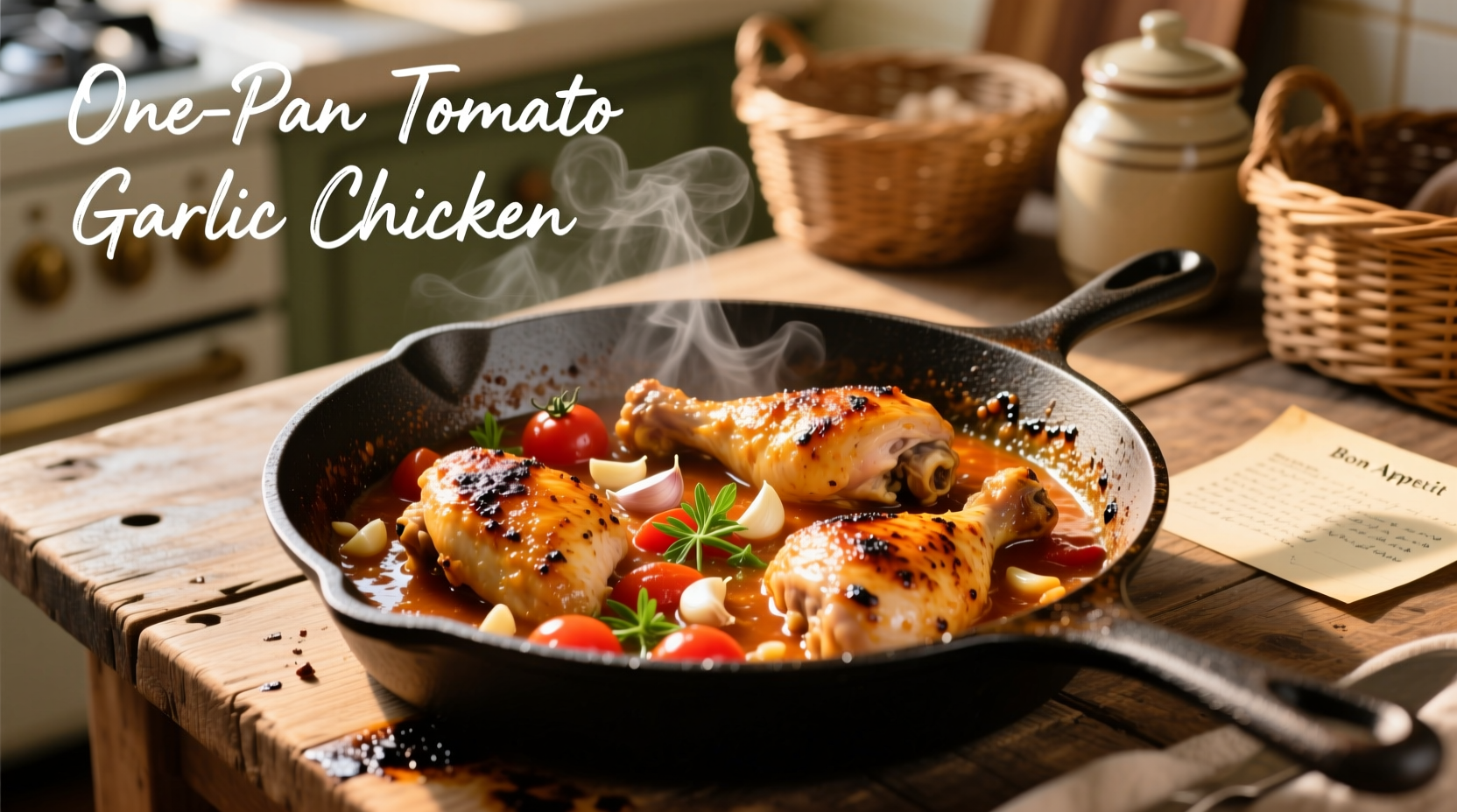 One-pan tomato garlic chicken in cast iron skillet