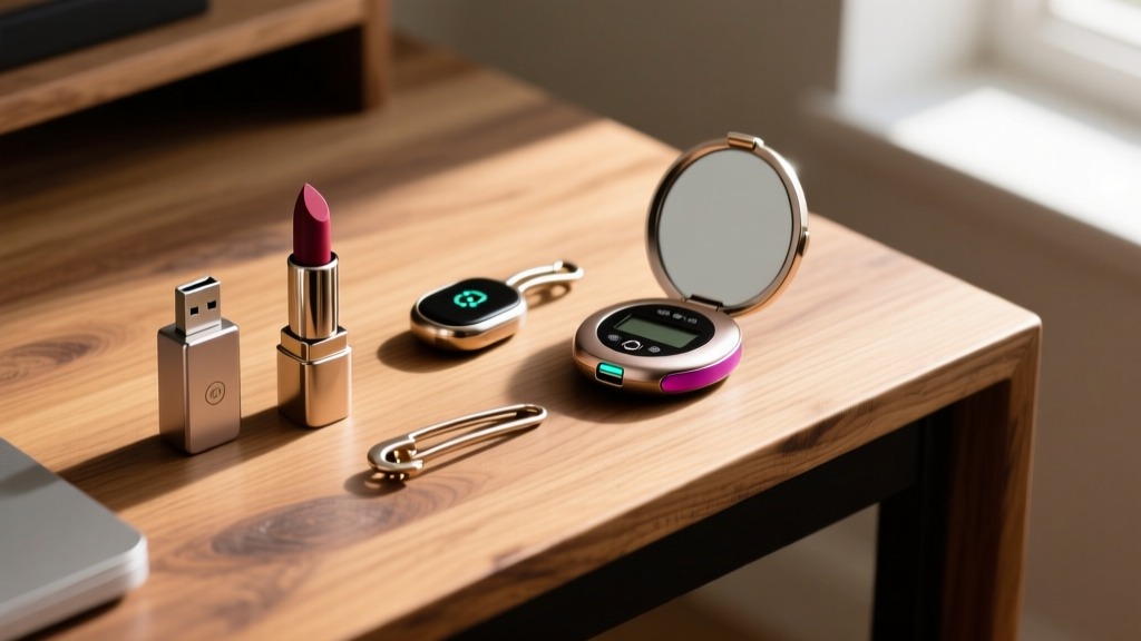 A flat lay of budget-friendly spy gadgets for women including a USB charger camera, a GPS tracker, and a digital voice recorder on a wooden desk