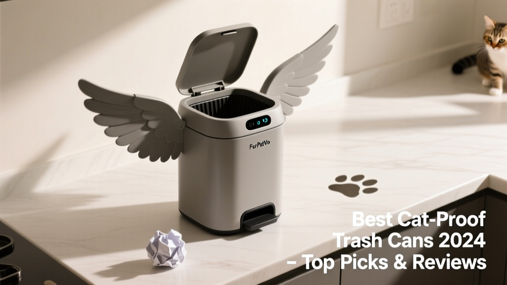 FurPetVo Wings-Open can mid-sensor activation, with both lid wings fully open and a clean countertop background