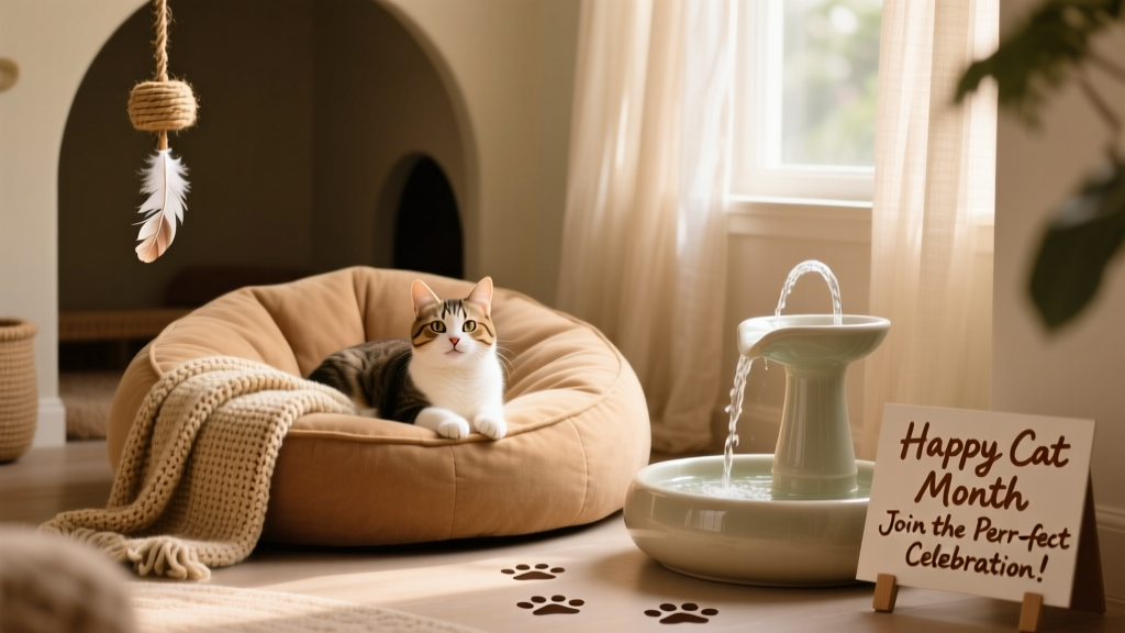 A cozy indoor cat setup featuring a soft bed, hanging toy, and ceramic water fountain