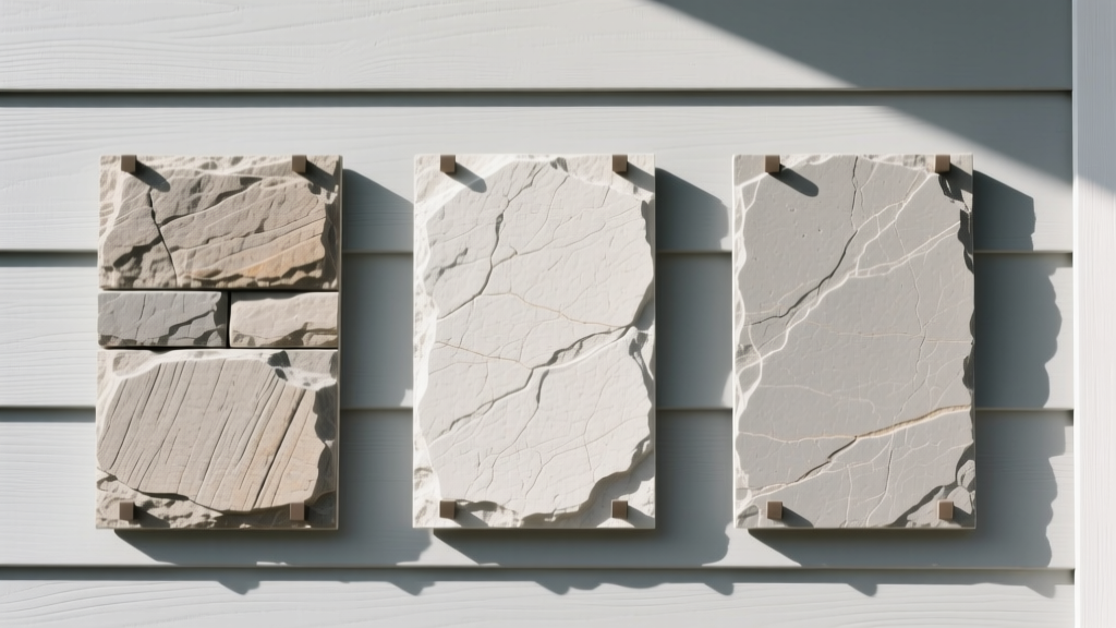 Close-up of three textured manufactured stone veneer sample boards held against light gray exterior house siding for color comparison