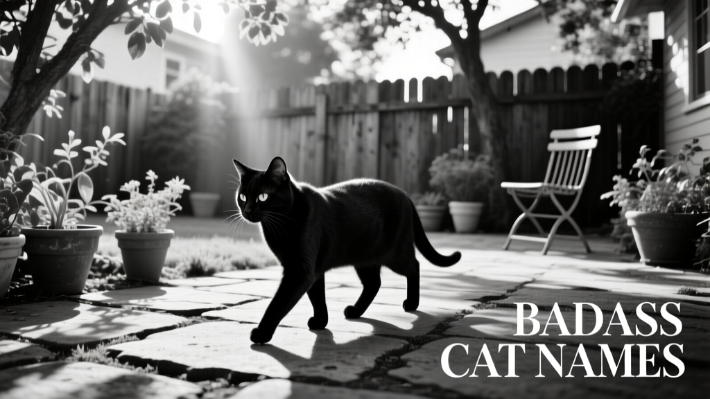 A black and white photograph of a cat walking confidently across a sunlit yard.