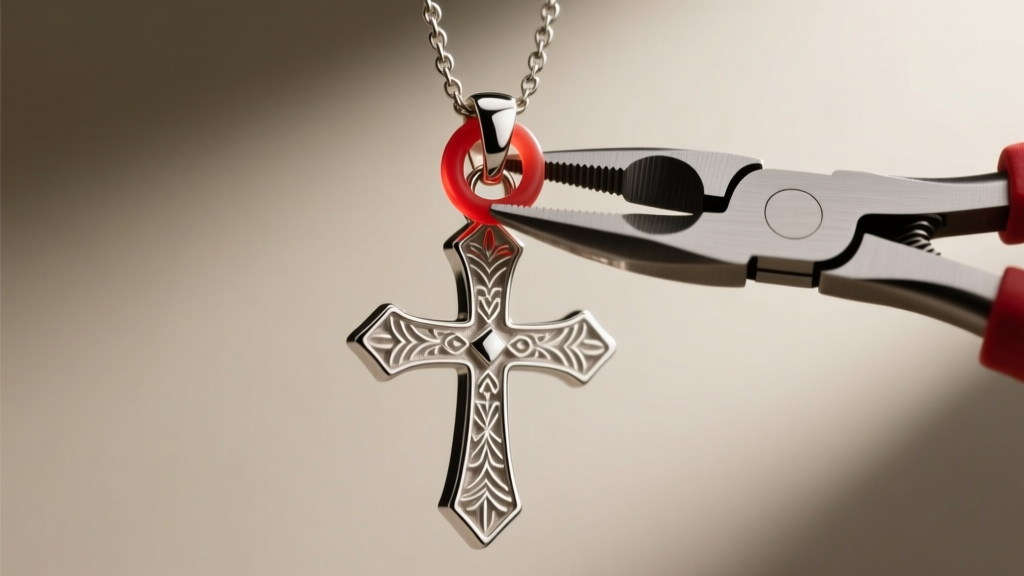 Macro shot of pliers attaching a small silicone O-ring to a jump ring on an inverted cross pendant to prevent it from spinning