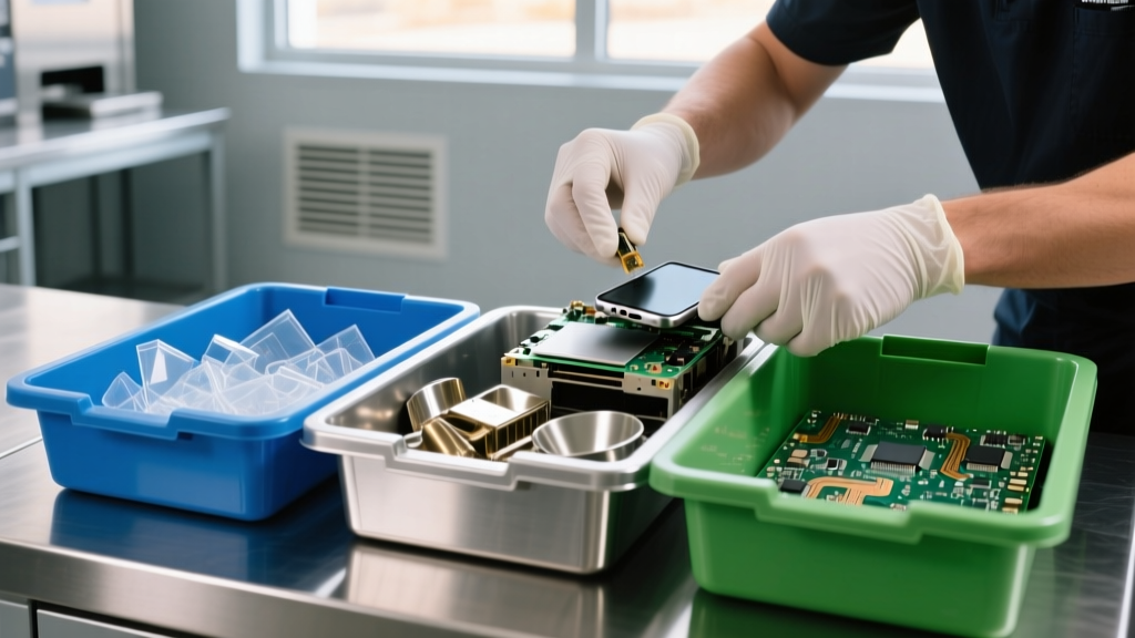 Hands carefully disassembling an old electronic device into sorted bins for plastic, metal, and circuit boards at a certified e-waste facility.