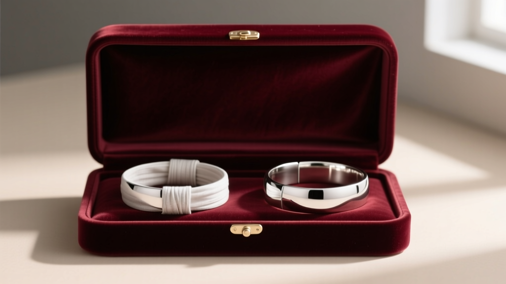 Velvet-lined jewelry box with anti-tarnish cloth strips wrapped around modern minimalist sterling silver cuffs in soft lighting.