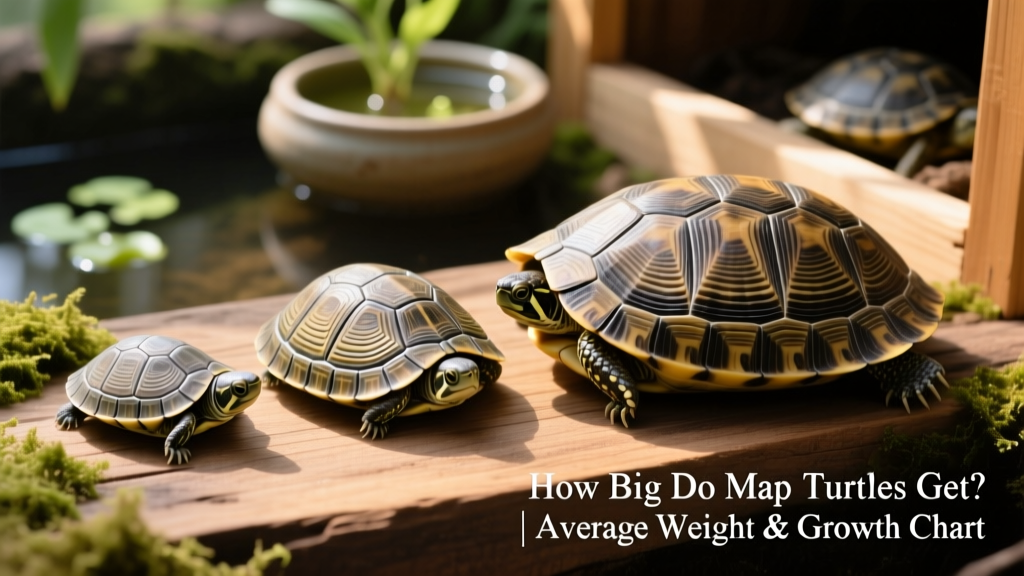 Side-by-side comparison showing three map turtle shells at different life stages: hatchling, juvenile, and adult female, with clear growth ring detail