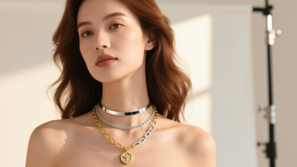Elegant woman wearing a layered stack with a 16-inch choker, an 18-inch gold pendant chain, and a 20-inch paperclip chain.