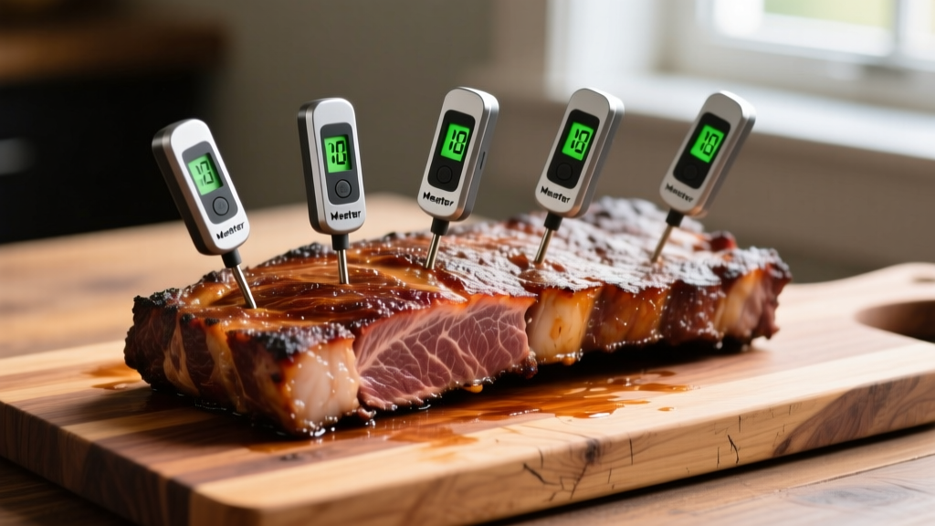 Four Meater Block wireless meat thermometer probes inserted into a massive beef brisket resting on a thick cedar cutting board