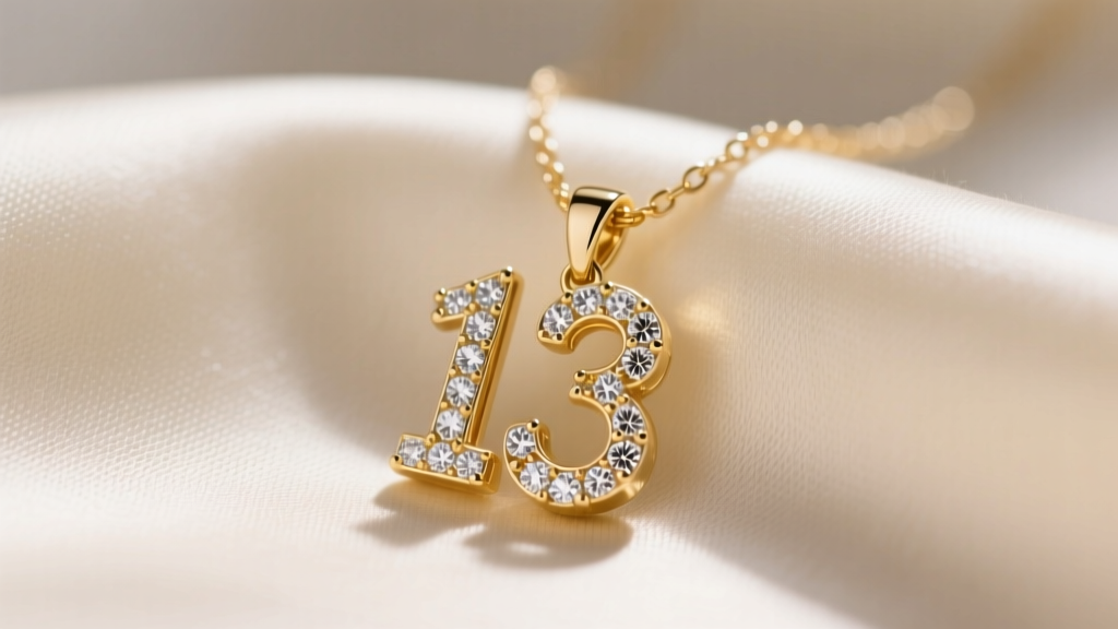 Close-up of a delicate 14k gold vermeil necklace with a diamond-encrusted number 13 pendant resting on soft cream silk fabric.