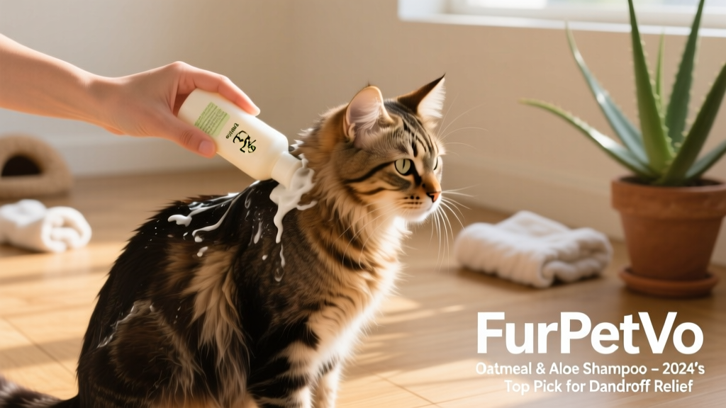 A hand gently massaging FurPetVo Oatmeal & Aloe Shampoo into a cat’s neck and shoulder area during a stress-free grooming session