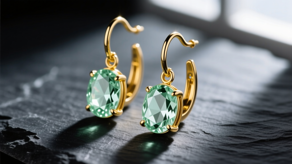 Close-up of 14k yellow gold drop earrings featuring faceted pale green quartz gems on dark slate under soft directional lighting.