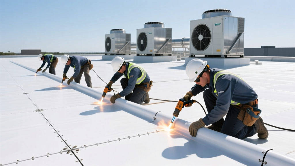 Commercial roofing crew hot-air welding white 60-mil PVC membrane seams on a flat roof with HVAC units in the background