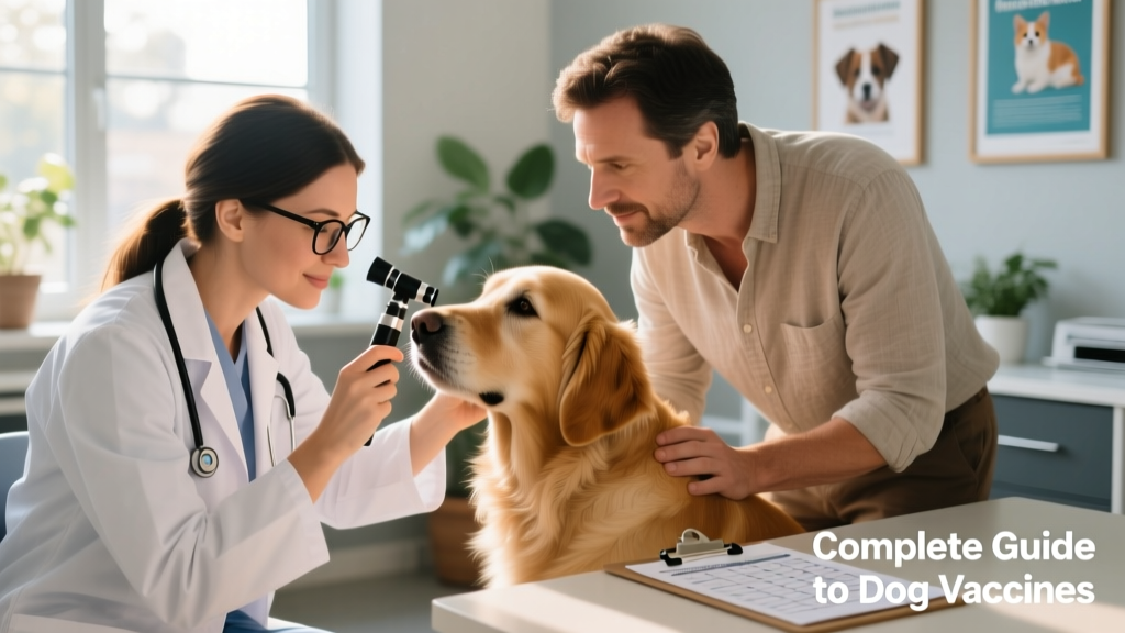 Close-up of a veterinarian checking a dog's ear while discussing vaccination options with the owner