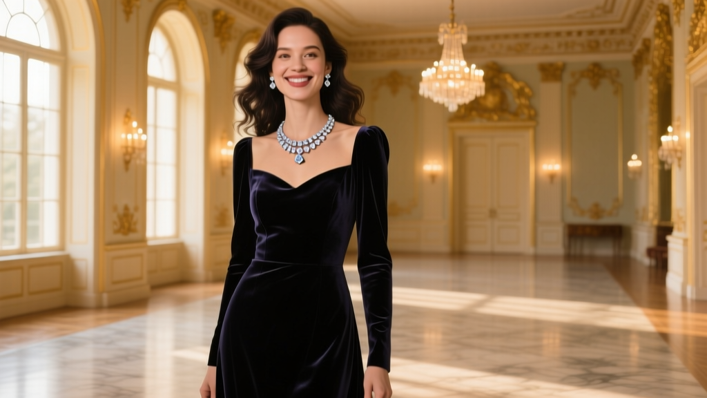 Woman in a dark gown wearing a delicate 18-inch lab diamond tennis necklace, smiling in a warmly lit and elegant ballroom space.