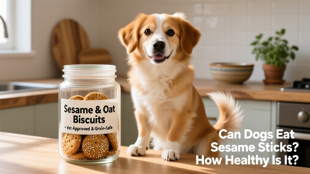 A happy medium-sized dog sitting beside a FurPetVo treat jar labeled 'Sesame & Oat Biscuits – Vet-Approved & Grain-Safe'