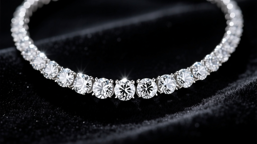 Close-up of a platinum riviera diamond necklace on dark velvet, showing round brilliant stones in delicate four-prong collets.
