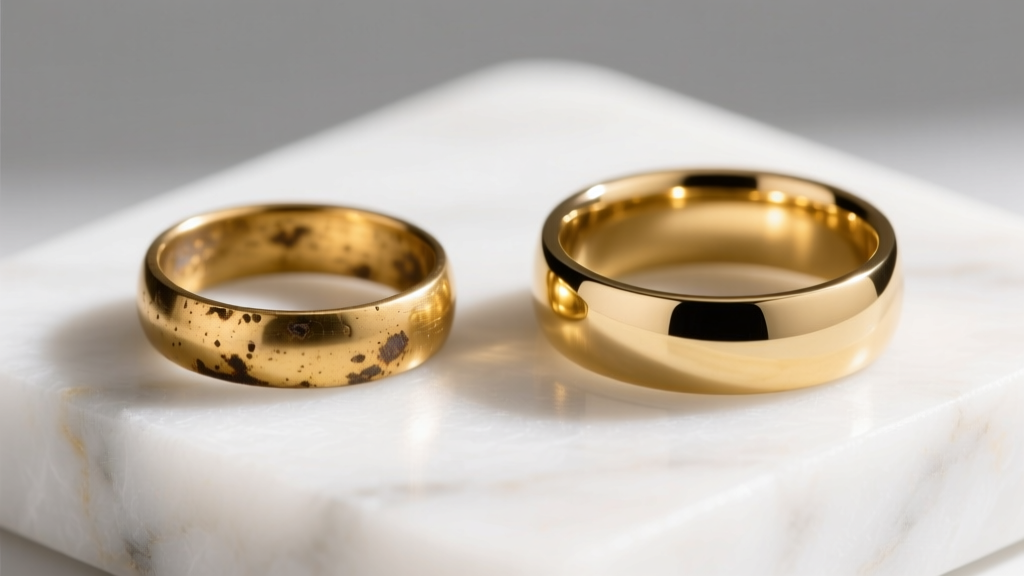 Side view of a tarnished gold plated brass ring next to a pristine heavy gold plated stainless steel ring on a white marble slab.