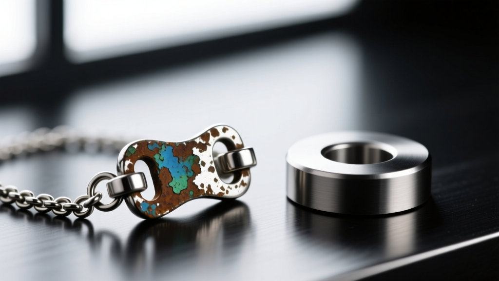 A macro shot of a tarnished silver magnetic necklace clasp beside a neodymium magnet, showing oxidation on the metal surface.