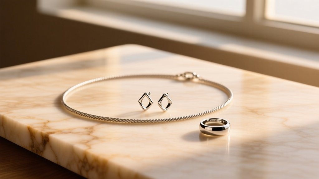Flat lay of a minimalist jewelry capsule on travertine stone: 15-inch rope chain, small hoop earrings, and solitaire signet ring