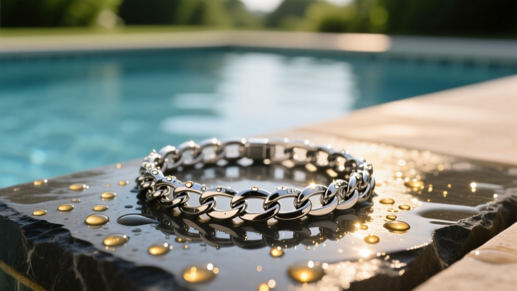316L stainless steel chain bracelet resting on wet slate near a pool edge, glistening with water droplets in bright, warm sunlight