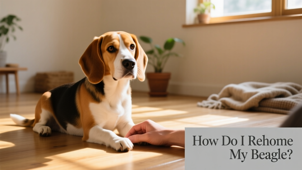 A gentle Beagle sitting calmly beside a person's hand resting on a sunlit floor