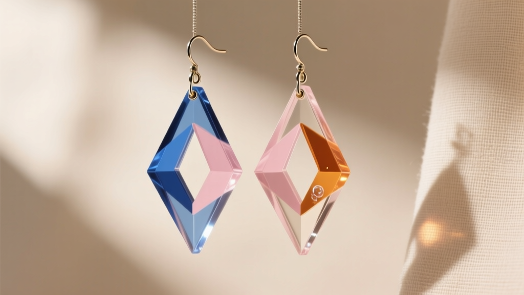A pair of lightweight, hollow-form acrylic geometric dangle clip earrings suspended against a minimalist beige linen background.