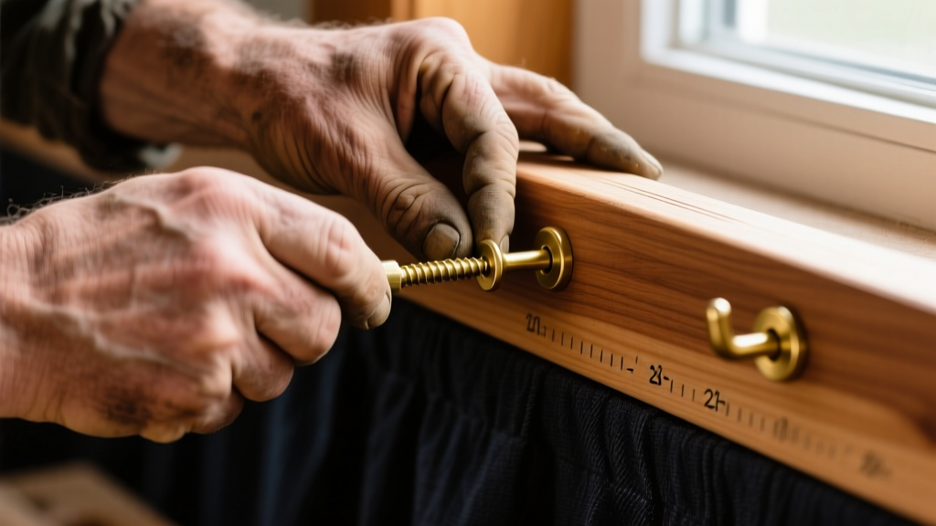 Close-up of hands screwing brass hooks into a cedar board lined with dark anti-tarnish fabric, showing three-inch spacing marks.