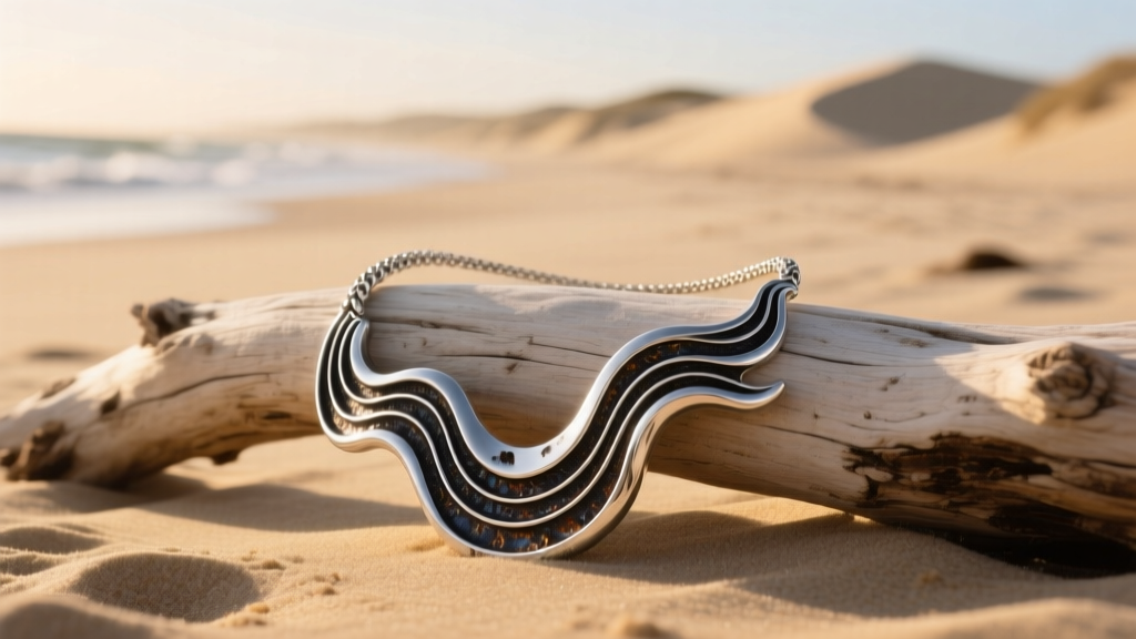Oxidized sterling silver cresting wave necklace with dark patina in crevices, draped over weathered driftwood on a sandy beach.