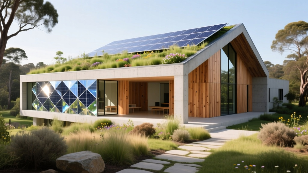 Modern sustainable institutional building with integrated solar facade, mass timber interior accents, and green roof surrounded by native landscaping