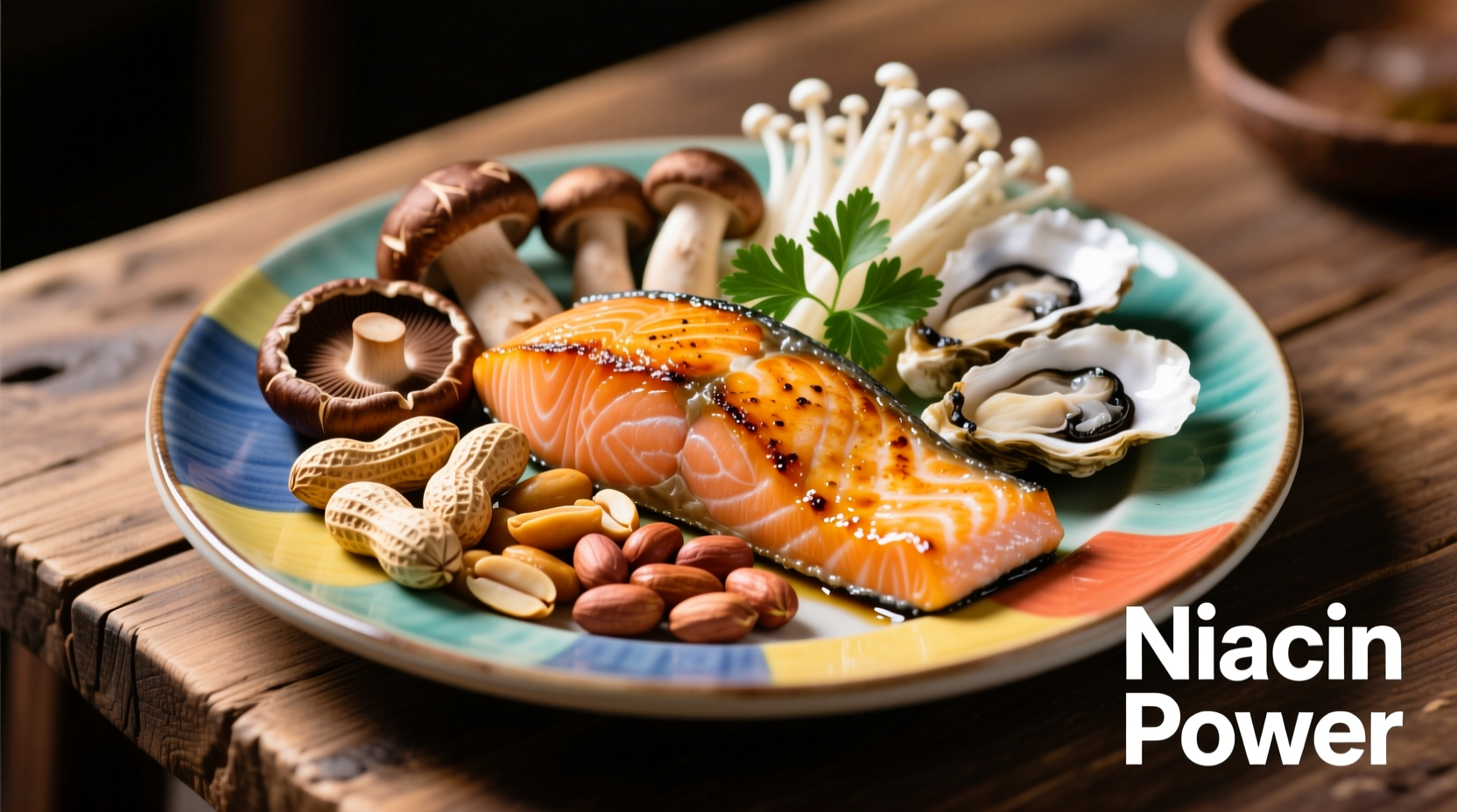 Colorful plate of niacin-rich foods including salmon, peanuts, and mushrooms