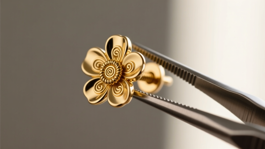 Macro view of a 20-gauge gold flower stud post with a screw-back thread, held by tweezers against a softly blurred gray backdrop.