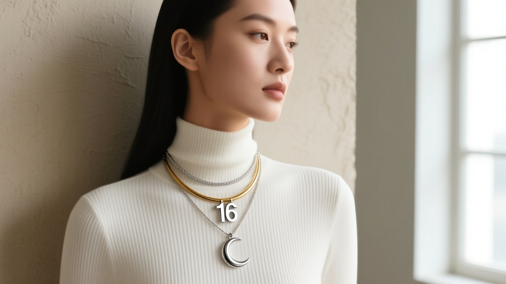 Profile view of a model wearing a layered 16-inch initial pendant and 18-inch moon necklace over a white ribbed turtleneck