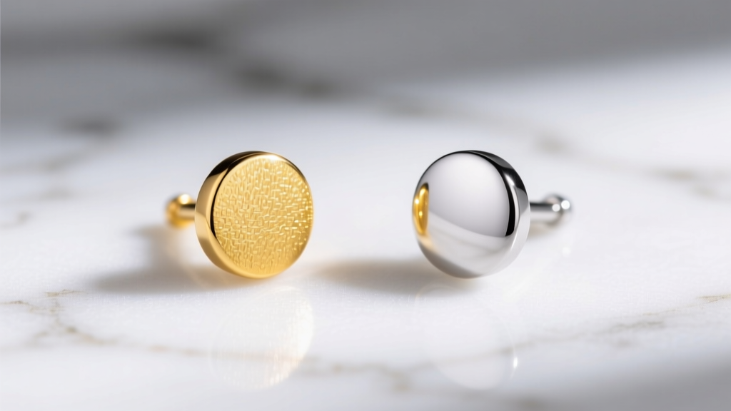 Side-by-side view of a 14k yellow gold 5mm stud and a platinum 5mm stud on white marble, showing their contrasting metal lusters