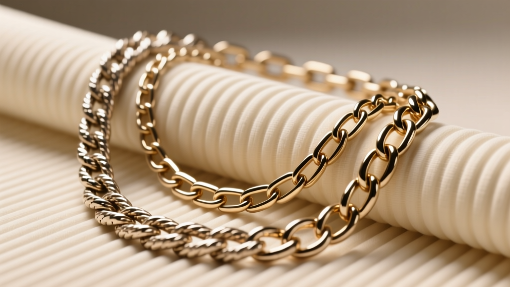 Layered 16-inch hammered rope chain and 18-inch smooth box chain resting on cream ribbed fabric in warm studio lighting.