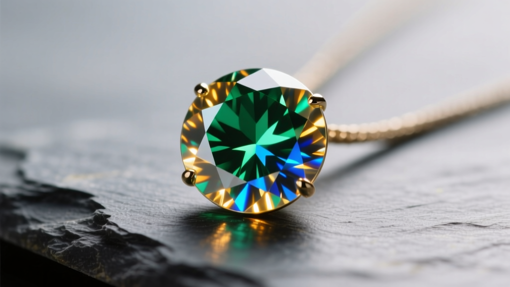 Macro shot of a round diamond pendant on slate, studio lighting highlighting the fiery light dispersion and crisp, clean facets.