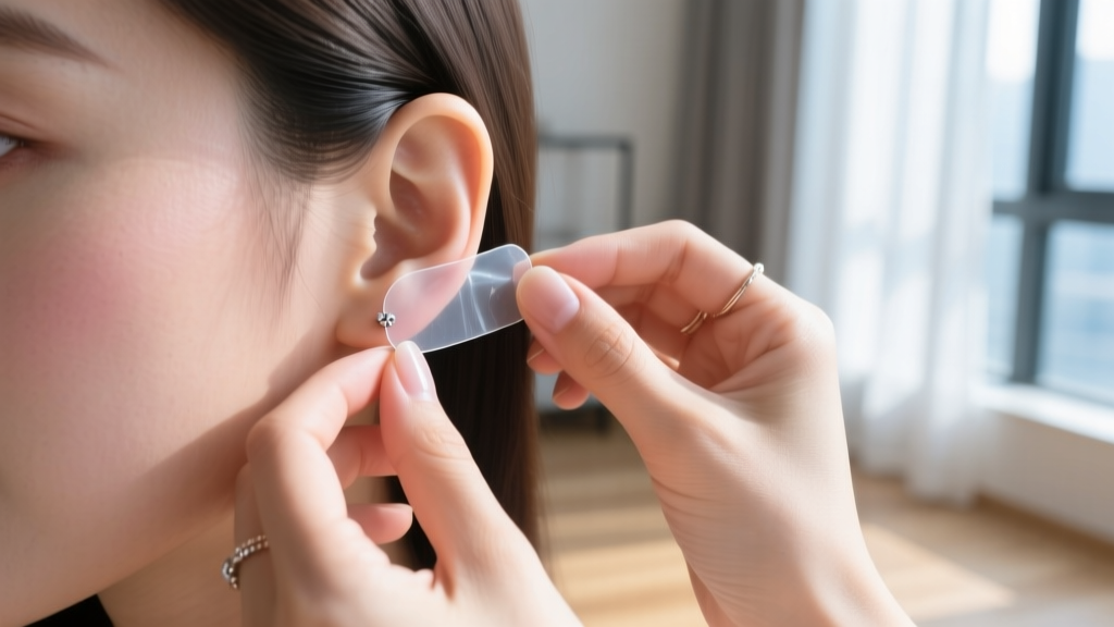 Hands applying a clear adhesive earring patch to the back of an earlobe, lit by bright natural daylight from a nearby window.