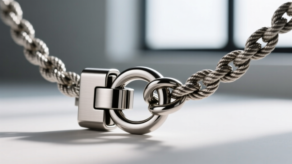 Macro photography of a stainless steel box clasp with a figure-eight safety latch on a thick 6mm rope chain necklace for men