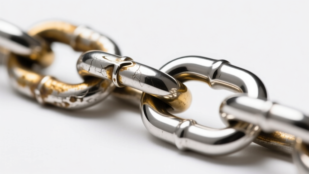 Macro photography comparing a tarnished sterling silver chain link against a pristine, polished implant-grade titanium chain link