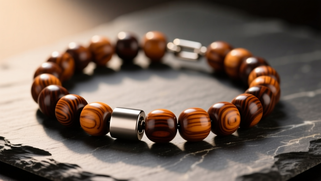 Close-up of a polished camphorwood bead necklace with a matte steel clasp, resting on dark slate under warm directional light.