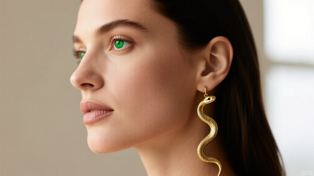 Profile portrait of a woman with an angular jawline wearing a gold snake drop earring with emerald eyes, soft diffused daylight.