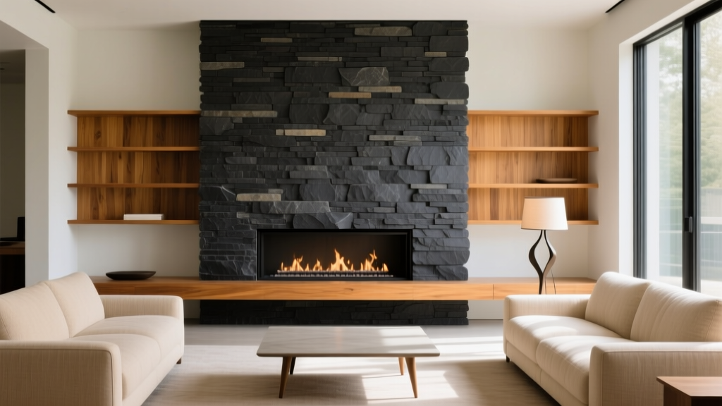 Modern living room featuring a dark charcoal stacked stone veneer accent wall behind a linear gas fireplace with warm oak shelving