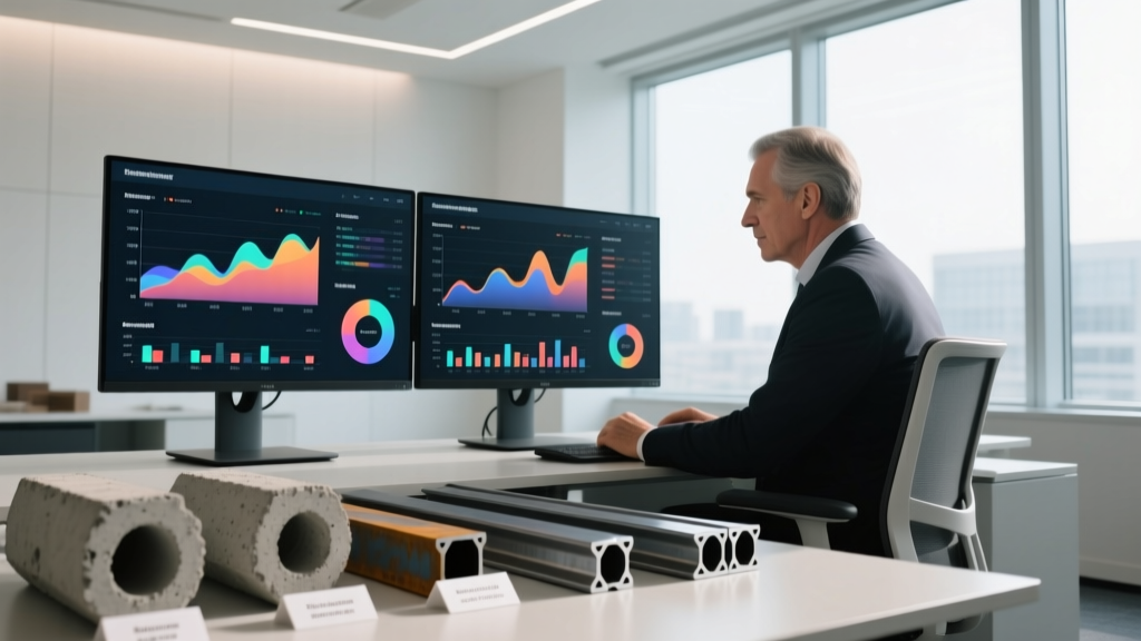 Analyst reviewing building materials market reports on dual monitors alongside physical concrete cores and steel beam samples