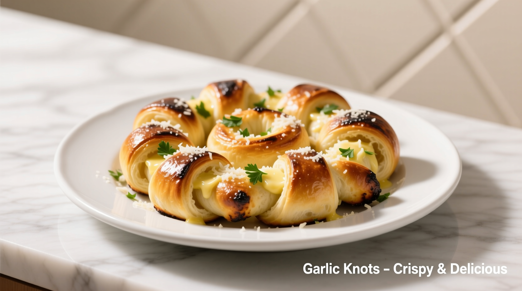 Golden air fryer garlic knots on white plate