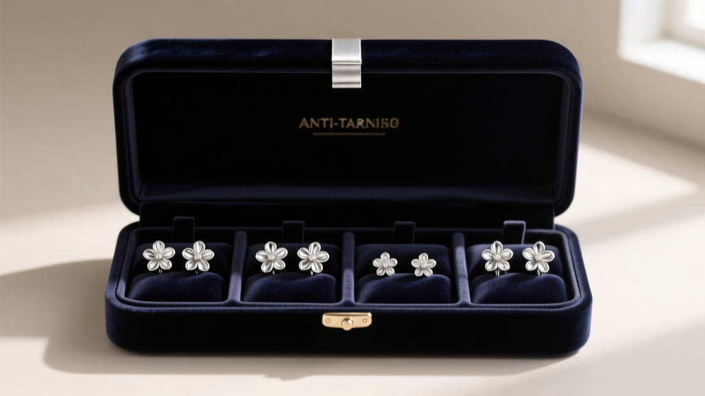 Dark velvet box with anti-tarnish strips, storing sterling silver floral stud earrings in separate soft, individual compartments.