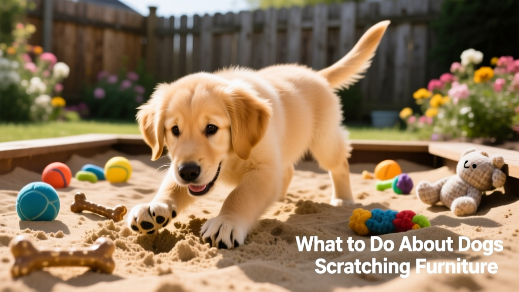 A dog happily digging in a backyard sandbox filled with toys